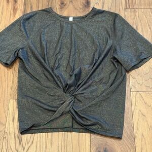 Lululemon Cates Tee Rainbow Metallic Shimmer Front Twist Crop Top Black Sz 12